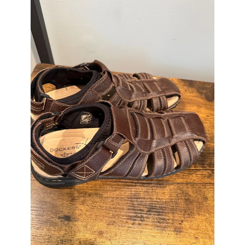 Dockers Mens Dark Brown Leather Fisherman Sandals Adjustable Straps Size 12M